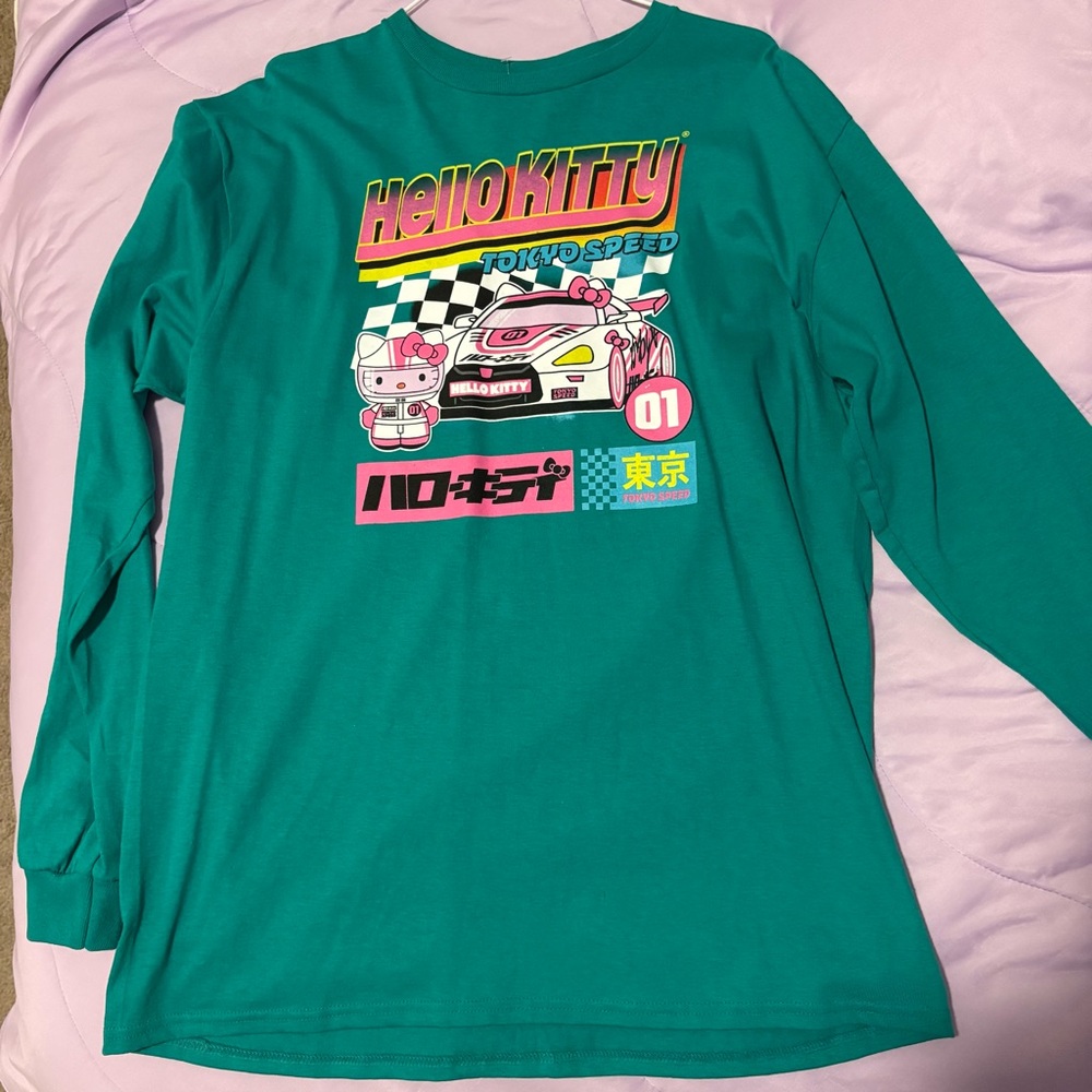 NEW Hello Kitty Tokyo Speed Japanese Teal Long Sleeve Tee Tshirt Racecar Driver